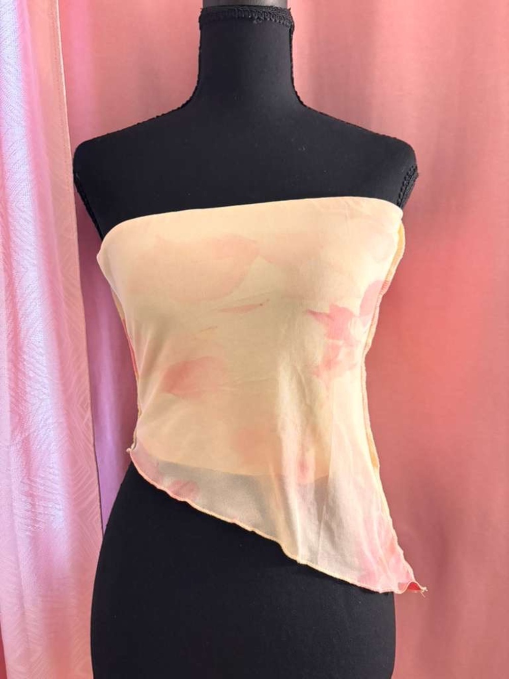 Sheer Pastel Yellow-Pink Asymmetric Strapless Crop Top